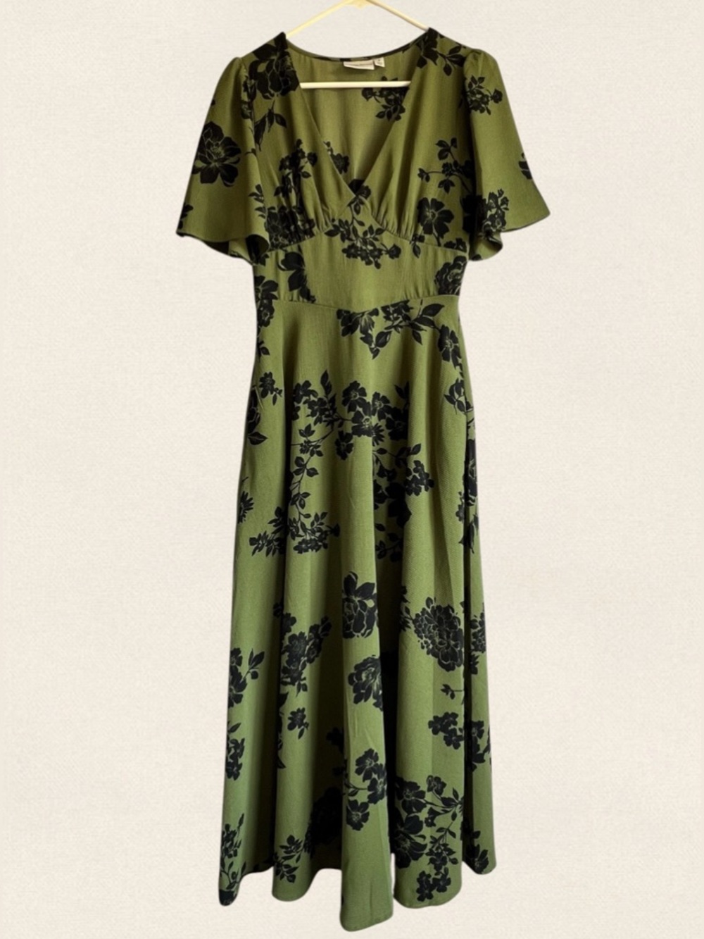 Olive Green Floral Maxi Dress with V-Neck and Flutter Sleeves